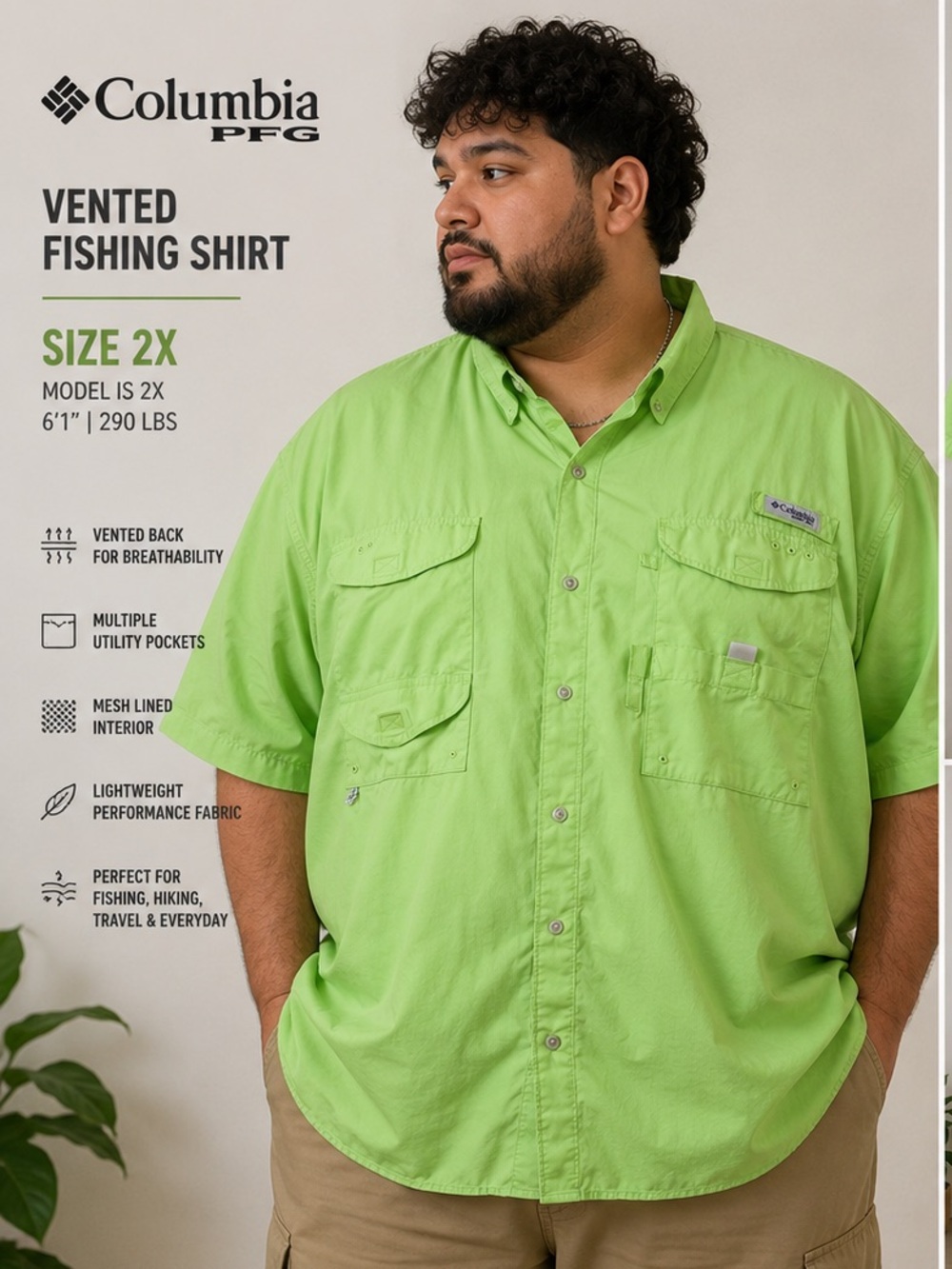 Columbia vented PFG fishing shirt lime green mens 2X Gorpcore utility